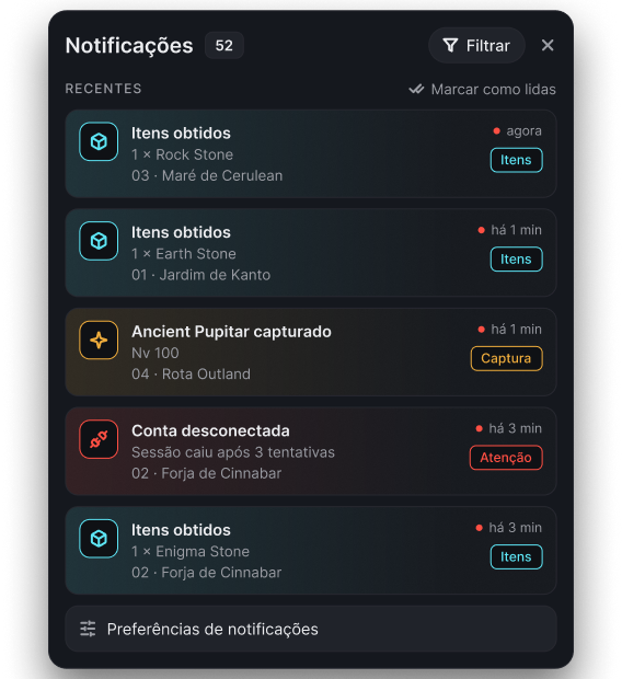 Central de notificações do Idle Mate com avisos de itens obtidos, captura e desconexão, filtros e preferências